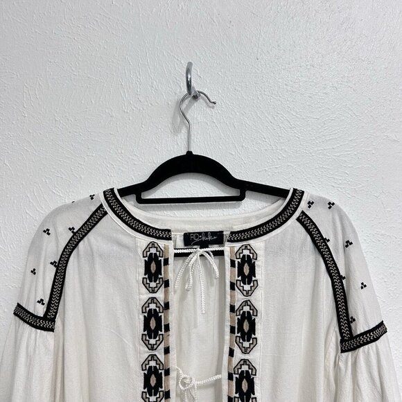 Anthropologie RD + Koko Shirt Jacket Cream Black Tie Front Embroidered Boho Sz M - Picture 2 of 12